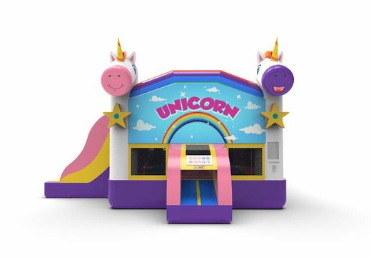 Buy an inflatable leftside climb & slide combo 13ft bounce house in the unicorn theme for both young and old. Order inflatable bounce houses online at JB Inflatables America
