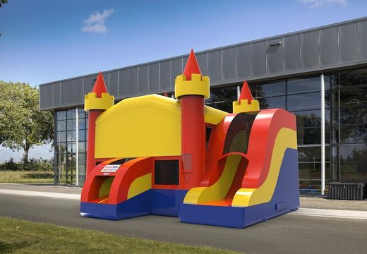 Inflatable unique rightside slide dropslide combo 13ft basic bounce house in colors blue-red&yellow for both young and old. Order inflatable bouncers online at JB Inflatables America