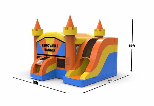 Buy a manufactured rightside slide dropslide combo 13ft basic inflatable bounce house in colors blue-yellow&orange for both young and old. Order inflatable bounce houses online at JB Inflatables America