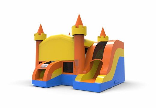 Inflatable unique rightside slide dropslide combo 13ft basic bounce house in colors blue-yellow&orange for both young and old. Order inflatable commercial bounce houses online at JB Inflatables America