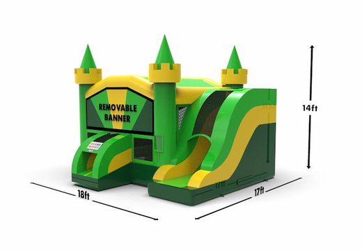 Buy a rightside slide dropslide combo 13ft basic inflatable bounce house in colors green and yellow for both young and old. Order inflatable bouncers online at JB Inflatables America