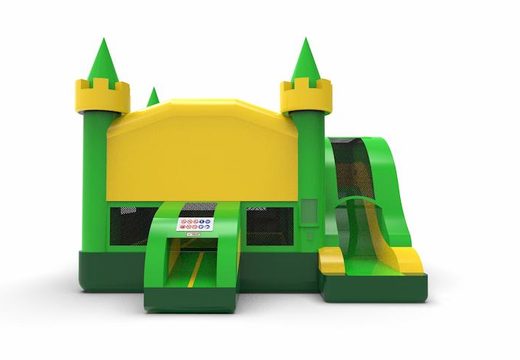 Buy inflatable rightside slide dropslide combo 13ft jumper basic bounce house in colors green&yellow for both young and old. Order inflatable bounce houses online for sale at JB Inflatables America