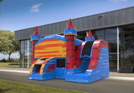 Inflatable unique rightside slide dropslide combo 13ft inflatable bounce house in theme marble in colors blue-red&orange for both young and old. Order inflatable moonwalks online at JB Inflatables America