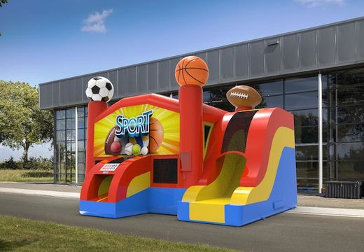 Buy an inflatable commercial rightside slide dropslide combo 13ft bounce house in the theme sports for both young and old. Order inflatable bounce houses online at JB Inflatables America