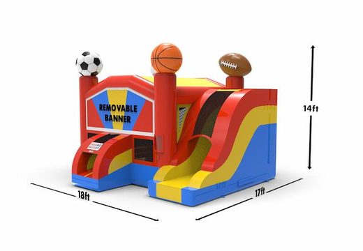 Buy inflatable unique manufactured rightside slide dropslide combo 13ft bounce house in theme sports for both young and old. Order inflatable bounce houses online at JB Inflatables America