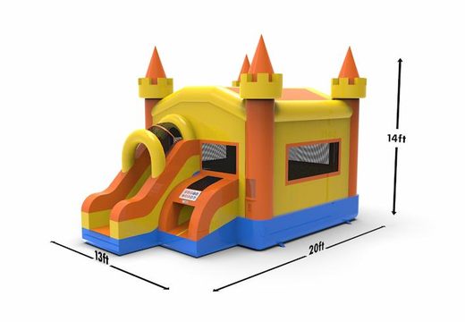 Buy a manufactured frontslide combo 13ft basic inflatable bounce house in colors blue-orange&yellow for both young and old. Order inflatable bounce houses online at JB Inflatables America