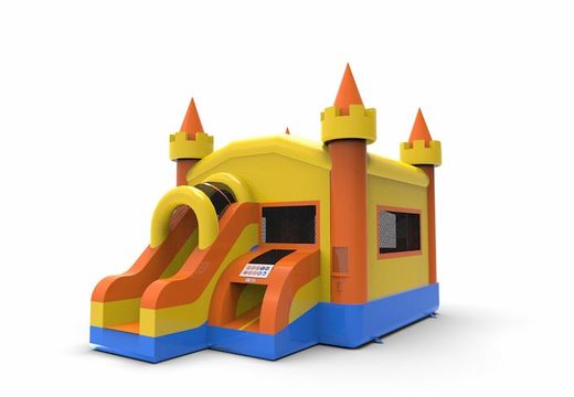 Inflatable unique frontslide combo 13ft basic bounce house in colors blue-orange&yellow for both young and old. Order inflatable commercial bounce houses online at JB Inflatables America