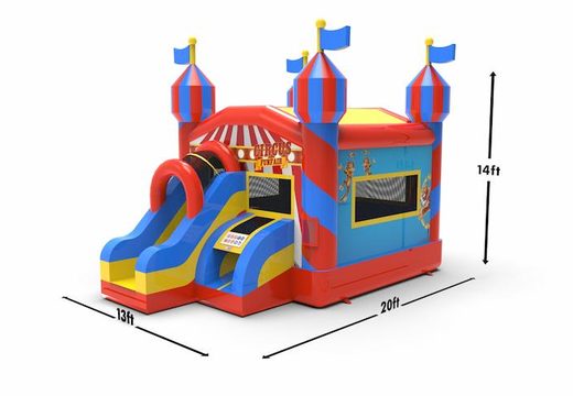 Buy a frontslide combo 13ft inflatable bounce house in a carnival game theme for both young and old. Order inflatable bounce houses online at JB Inflatables America