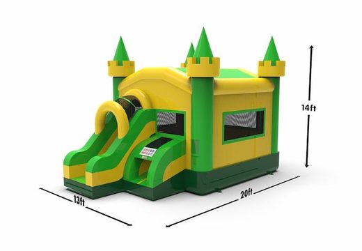 Buy a frontslide combo 13ft basic inflatable bounce house in colors green&yellow for both young and old. Order inflatable bouncers online at JB Inflatables America
