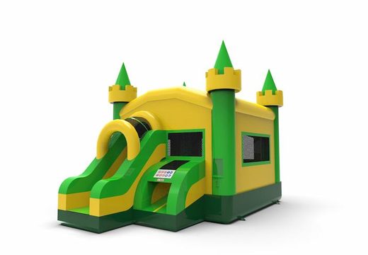 Inflatable unique frontslide combo 13ft basic bounce house in colors green&yellow for both young and old. Order inflatable bounce houses online at JB Inflatables America