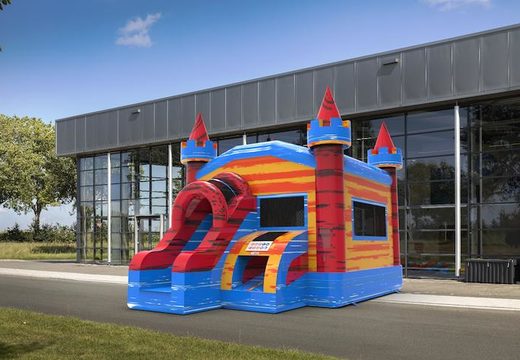 Inflatable unique frontslide combo 13ft inflatable bounce house in theme marble in colors blue-red&orange for both young and old. Order inflatable moonwalks online at JB Inflatables America