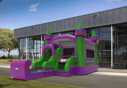 Order a frontslide combo 13ft inflatable bounce house in theme marble in colors purple-gray&green for both young and old. Buy inflatable wholesale bounce houses online at JB Inflatables America