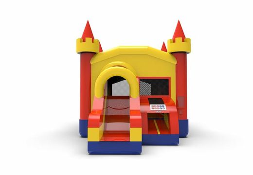 Buy a frontslide combo 13ft basic inflatable bouncy castle in colors red-blue-yellow for both young and old. Order inflatable bouncy castles online at JB Inflatables America