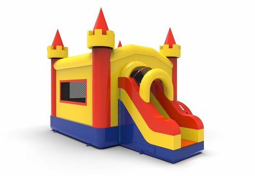 Buy inflatable frontslide combo 13ft jumper basic bounce house in colors red-blue-yellow for both young and old. Order inflatable commercial bounce houses online at JB Inflatables America