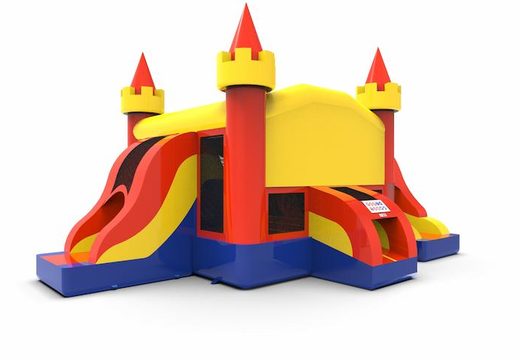 Buy inflatable slide park combo 13ft bounce house with two slides in colors blue-red&yellow for both young and old. Order inflatable commercial bounce houses online at JB Inflatables America