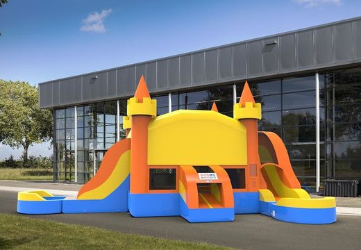 Order unique slide park combo 13ft bouncy castle with two slides in colors blue-yellow&orange for both young and old. Buy inflatable bouncy castles online for sale at JB Inflatables America