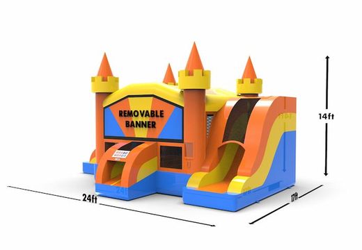Buy a manufactured slide park combo 13ft bounce house with two slides in colors blue-yellow&orange for both young and old. Order inflatable bounce houses online at JB Inflatables America
