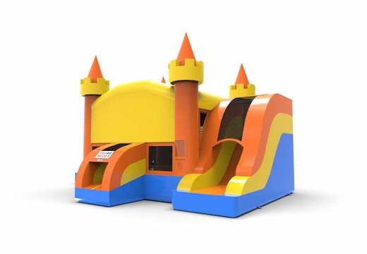 Order a slide park combo 13ft bouncy castle with two slides in colors blue-yellow&orange for both young and old. Buy inflatable bouncy castles online at JB Inflatables America, professional in inflatables making