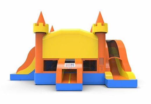 Inflatable unique slide park combo 13ft bounce house with two slides in colors blue-yellow&orange for both young and old. Order inflatable commercial bounce houses online at JB Inflatables America