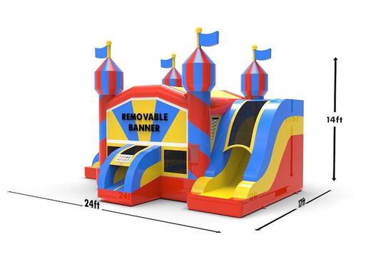 Buy a slide park combo 13ft bounce house with two slides in a carnival game theme for both young and old. Order inflatable bounce houses online at JB Inflatables America