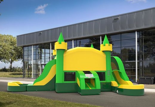 Order unique slide park combo 13ft bounce house with two slides in colors green&yellow for both young and old. Buy inflatable bouncers online at JB Inflatables America, professional in inflatables making