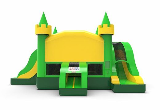 Inflatable unique slide park combo 13ft bounce house with two slides in colors green and yellow for both young and old. Order inflatable bounce houses online at JB Inflatables America