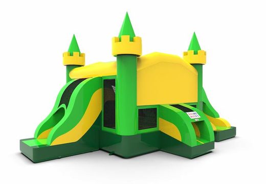 Order a slide park combo 13ft bounce house with two slides in colors green and yellow for both young and old. Buy inflatable manufactured bounce houses online at JB Inflatables America
