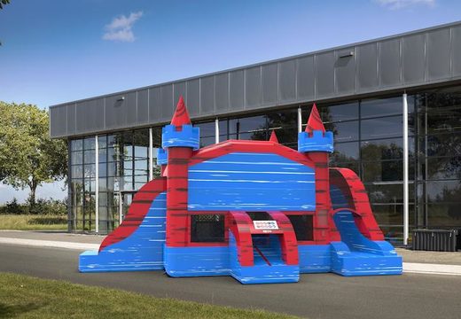 Inflatable unique slide park combo 13ft bouncy castle with two slides in theme marble in colors blue&red for both young and old. Order inflatable bouncy castles online at JB Inflatables America