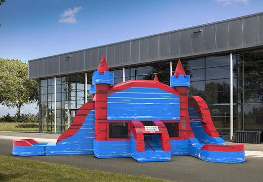 Order a slide park combo 13ft bounce house with two slides in theme marble in colors red and blue for both young and old. Buy inflatable commercial bounce houses online at JB Inflatables America