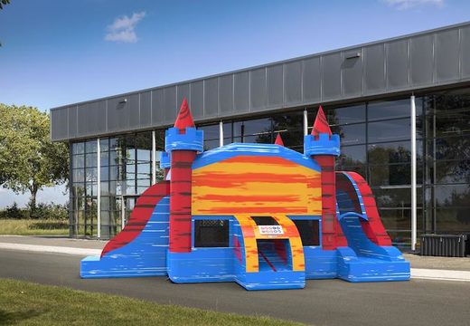 Inflatable unique slide park combo 13ft bounce house with two slides in theme marble in colors blue-red&orange for both young and old. Order inflatable moonwalks online at JB Inflatables America