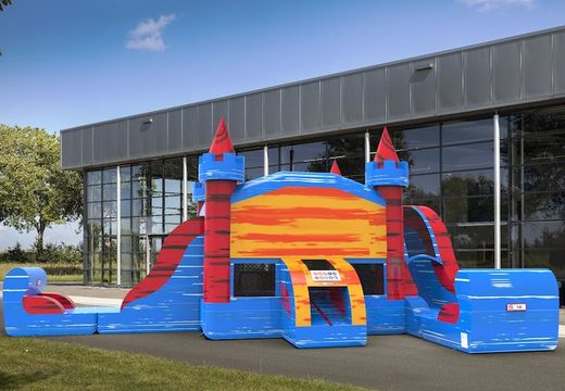 Buy slide park combo 13ft bounce house with two slides in theme marble in colors blue-red&orange for both young and old. Order inflatable commercial bounce houses online at JB Inflatables America
