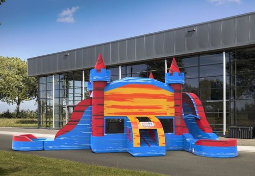 Order a slide park combo 13ft bounce house with two slides in theme marble in colors blue-red and orange. Buy inflatable manufactured bounce houses online at JB Inflatables America