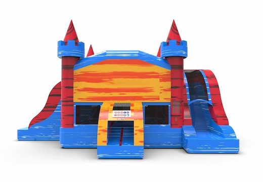 Order an inflatable slide park combo 13ft bounce house with two slides in theme marble in colors blue-red and orange. Buy inflatable wholesale bounce houses online at JB Inflatables America
