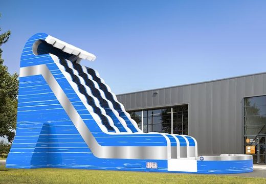 Buy an inflatable waterslide D22 in the colors blue-white-silver for both young and old. Order inflatable commercial waterslides online at JB Inflatables America