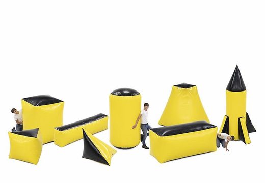Battle obstacle set of 8 inflatables in the color yellow for both young and old. Order inflatable battle obstacle sets now online at JB Inflatables America