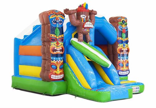 Inflatable bouncy castle with slide in aloha theme with surfer and totem pole for sale