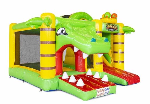 Order a compact inflatable bouncer with slide in a Dino theme for children