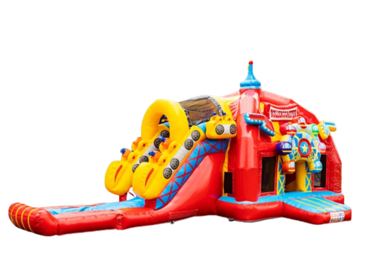 Buy large inflatable multiplay air cushion in roller coaster theme including slide for children
