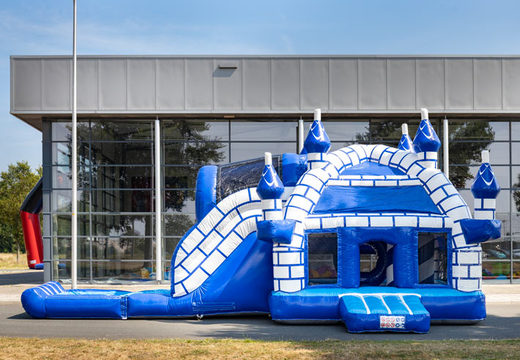 Inflatable multiplay super bouncy castle with slide in castle theme blue
