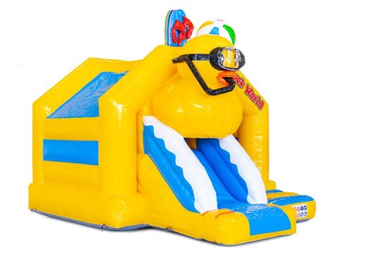 Inflatable bouncy castle in yellow with blue and buy a bath duck on it for children
