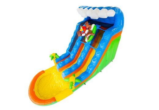 Buy inflatable water slide D18 Hawaii with tropical theme in blue yellow orange green
