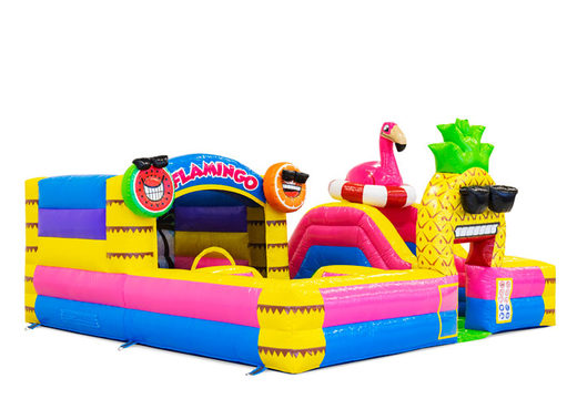 Order colored inflatable park in Flamingo theme for children. Buy inflatables online at JB Inflatables America