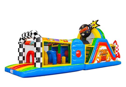 Buy 13 meters bouncy castle in theme Comic for kids. Order inflatables with obstacle courses now online at JB Inflatables America