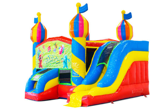 Buy a covered inflatable Dropslide Combo bouncy castle with slide in the Party theme for children. Order now inflatable bouncy castles with slide at JB Inflatables America