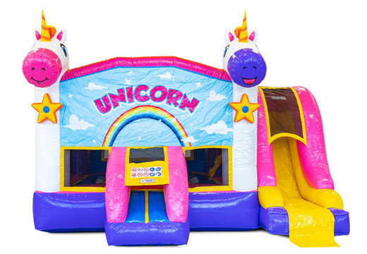 Order covered inflatable Dropslide Combo bouncy castle with slide in Unicorn theme for children. Buy now inflatable bouncy castles with slide at JB Inflatables America