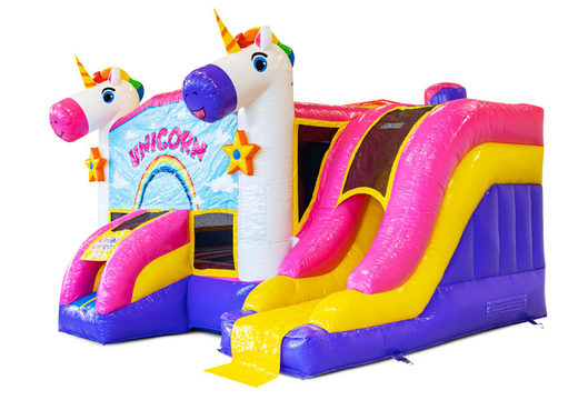Buy covered inflatable Dropslide Combo bouncy castle with slide in Unicorn theme for children. Order now inflatable bouncy castles with slide at JB Inflatables America