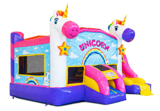 Inflatable Dropslide Combo bouncy castle in Unicorn theme for sale at JB Inflatables. Order inflatable bouncy castles with slide at JB Inflatables America