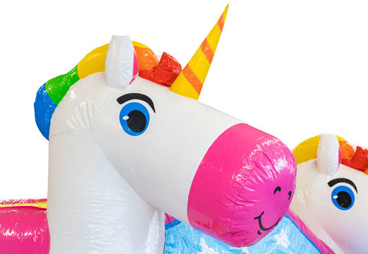 Buy inflatable Dropslide Combo bouncy castle in Unicorn theme for kids. Inflatable bouncy castles with slide for sale at JB Inflatables America
