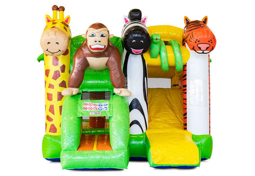 Buy covered inflatable Mini Multiplay bouncy castle with slide in Jungle theme for children. Order now inflatable bouncy castles at JB Inflatables America
