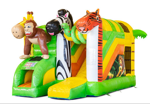Buy covered inflatable Mini Multiplay bouncy castle with slide in Jungle theme for children. Order now inflatable bouncy castles at JB Inflatables America